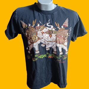 Vintage Medium T-shirt 90s Thai Elephant Fighting Graphic 2 Sided Relic Distress